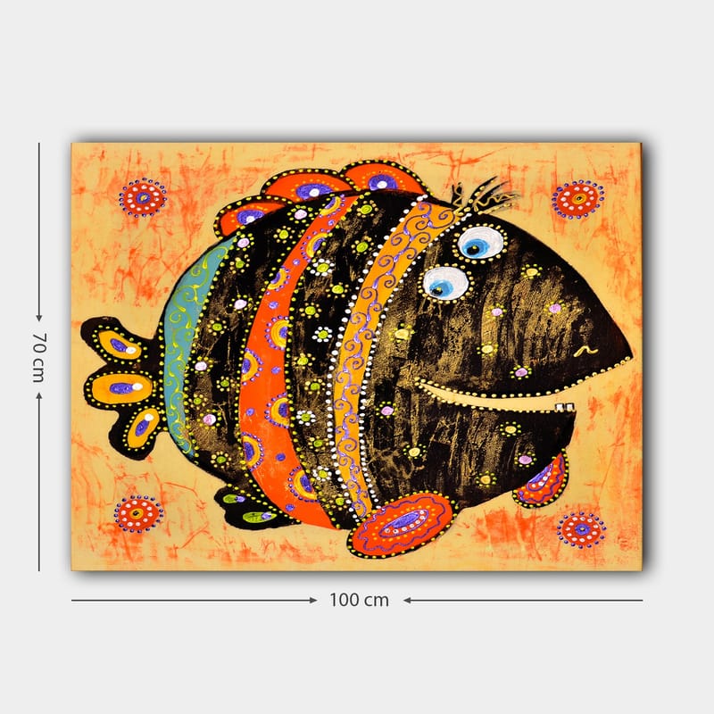 Lerretsbilde 70x100 cm - Fargerik og leken fisk med mønstre og store øyne - Svart / Oransje / Blå - Interiør - Maleri & posters - Lerretsbilder