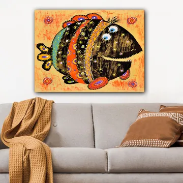 Lerretsbilde 70x100 cm - Fargerik og leken fisk med mønstre og store øyne - Svart / Oransje / Blå - Interiør - Maleri & posters - Lerretsbilder