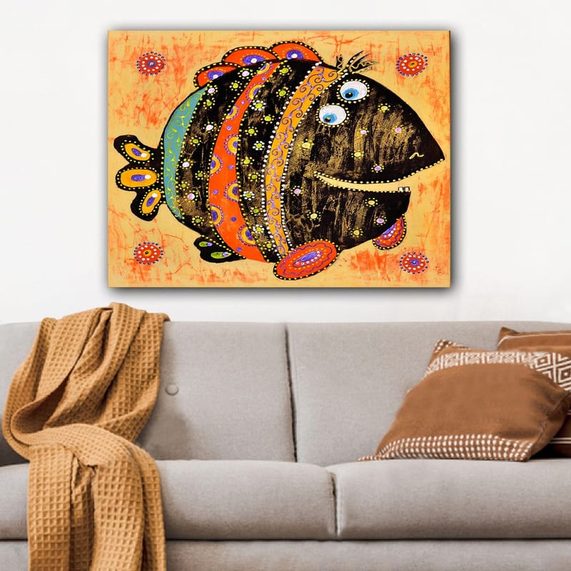 Lerretsbilde 70x100 cm - Fargerik og leken fisk med mønstre og store øyne - Svart / Oransje / Blå - Interiør - Maleri & posters - Lerretsbilder
