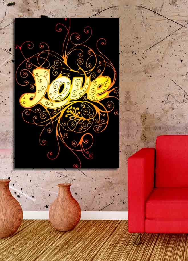 Lerretsbilde 70x100 cm - Fargerik og leken illustrasjon av ordet Love med dekorative spiraler - Gul / Oransje / Rød - Interiør - Maleri & posters - Lerretsbilder