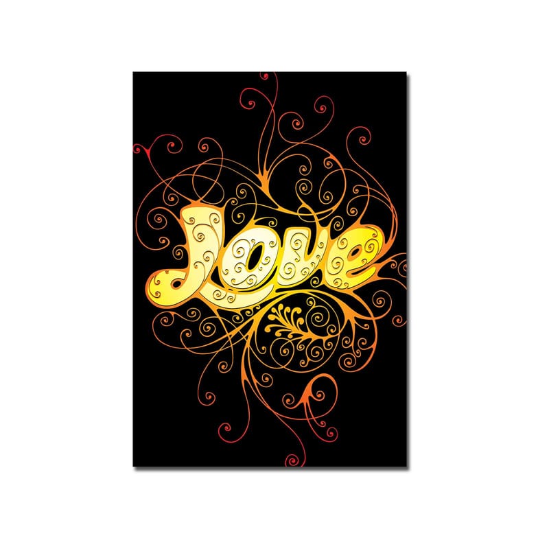 Lerretsbilde 70x100 cm - Fargerik og leken illustrasjon av ordet Love med dekorative spiraler - Gul / Oransje / Rød - Interiør - Maleri & posters - Lerretsbilder
