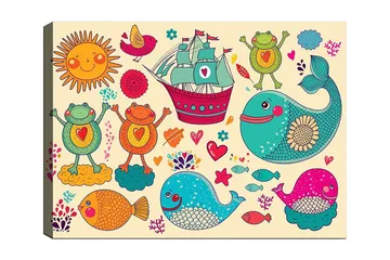 Lerretsbilde 70x100 cm - Fargerik og leken illustrasjon med glade frosker, fisk og et skip i et fantasifullt maritimt miljø - Turkis / Oransje / Rosa - Interiør - Maleri & posters - Lerretsbilder