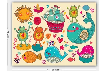 Lerretsbilde 70x100 cm - Fargerik og leken illustrasjon med glade frosker, fisk og et skip i et fantasifullt maritimt miljø - Turkis / Oransje / Rosa - Interiør - Maleri & posters - Lerretsbilder