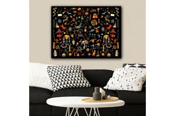 Lerretsbilde 70x100 cm - Fargerik og leken samling av symboler og figurer som representerer natur og kultur - Rød / Gul / Svart - Interiør - Maleri & posters - Lerretsbilder