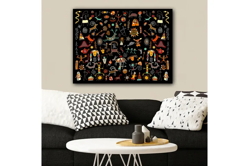 Lerretsbilde 70x100 cm - Fargerik og leken samling av symboler og figurer som representerer natur og kultur, Rød / Gul / Svart