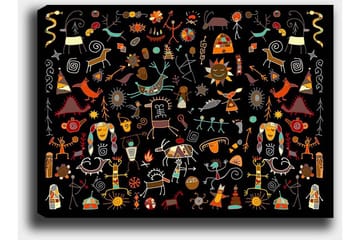Lerretsbilde 70x100 cm - Fargerik og leken samling av symboler og figurer som representerer natur og kultur - Rød / Gul / Svart - Interiør - Maleri & posters - Lerretsbilder