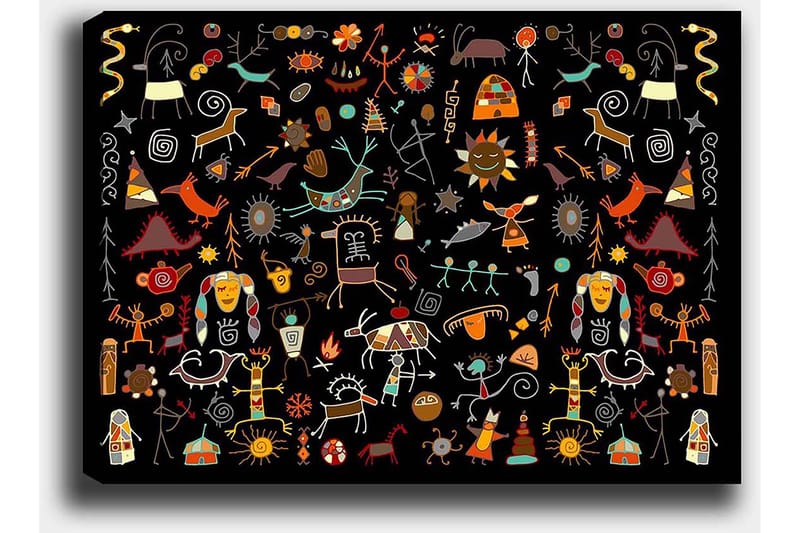 Lerretsbilde 70x100 cm - Fargerik og leken samling av symboler og figurer som representerer natur og kultur - Rød / Gul / Svart - Interiør - Maleri & posters - Lerretsbilder