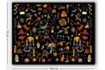 Lerretsbilde 70x100 cm - Fargerik og leken samling av symboler og figurer som representerer natur og kultur - Rød / Gul / Svart - Interiør - Maleri & posters - Lerretsbilder