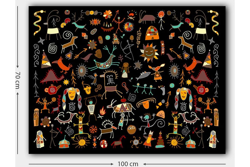 Lerretsbilde 70x100 cm - Fargerik og leken samling av symboler og figurer som representerer natur og kultur - Rød / Gul / Svart - Interiør - Maleri & posters - Lerretsbilder