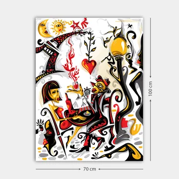 Lerretsbilde 70x100 cm - Fargerik og levende scene med en kvinne og en mann som samhandler, omgitt av symboler på kjærlighet og liv - Rød / Svart / Gul - Interiør - Maleri & posters - Lerretsbilder