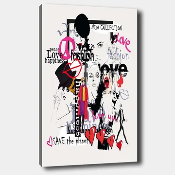 Lerretsbilde 70x100 cm - Fargerik og moderne kollasj av moteikoner og uttrykk for kjærlighet og fred - Rosa / Svart / Rød - Interiør - Maleri & posters - Lerretsbilder