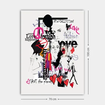 Lerretsbilde 70x100 cm - Fargerik og moderne kollasj av moteikoner og uttrykk for kjærlighet og fred - Rosa / Svart / Rød - Interiør - Maleri & posters - Lerretsbilder