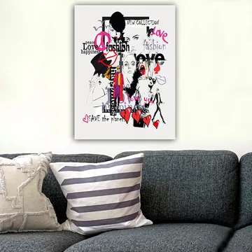 Lerretsbilde 70x100 cm - Fargerik og moderne kollasj av moteikoner og uttrykk for kjærlighet og fred - Rosa / Svart / Rød - Interiør - Maleri & posters - Lerretsbilder