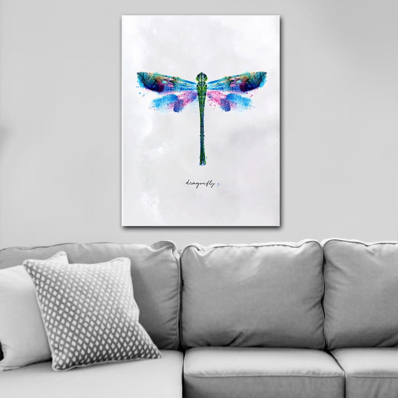 Lerretsbilde 70x100 cm - Fargerik og stilisert avbildning av en øyenstikker - Grønn / Blå / Rosa - Interiør - Maleri & posters - Lerretsbilder