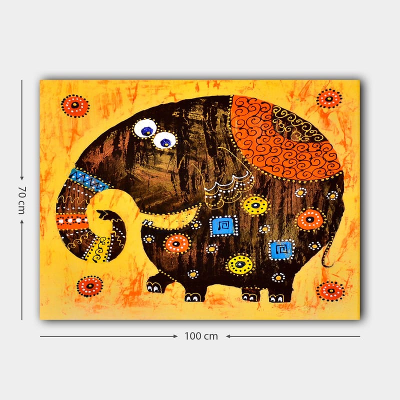 Lerretsbilde 70x100 cm - Fargerik og stilisert elefant med mønstre og detaljer - Mørk brun / Oransje / Gul - Interiør - Maleri & posters - Lerretsbilder
