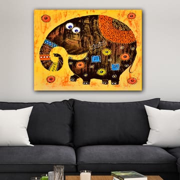 Lerretsbilde 70x100 cm - Fargerik og stilisert elefant med mønstre og detaljer - Mørk brun / Oransje / Gul - Interiør - Maleri & posters - Lerretsbilder