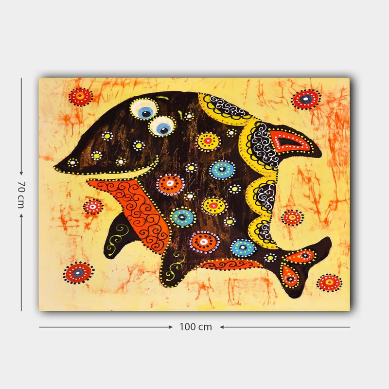 Lerretsbilde 70x100 cm - Fargerik og stilisert fisk med mønstre og detaljer i forskjellige farger - Svart / Oransje / Gul - Interiør - Maleri & posters - Lerretsbilder