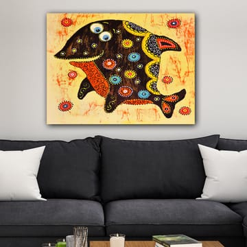 Lerretsbilde 70x100 cm - Fargerik og stilisert fisk med mønstre og detaljer i forskjellige farger - Svart / Oransje / Gul - Interiør - Maleri & posters - Lerretsbilder