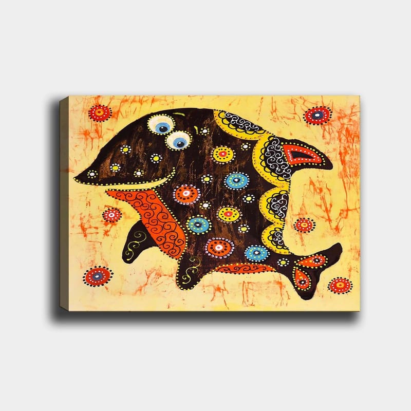Lerretsbilde 70x100 cm - Fargerik og stilisert fisk med mønstre og detaljer i forskjellige farger, Svart / Oransje / Gul