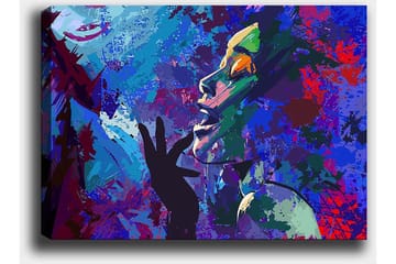 Lerretsbilde 70x100 cm - Fargerik og uttrykksfull portrettmaleri av en kvinne som gestikulerer med hånden mot ansiktet - Blå / Grønn / Lilla - Interiør - Maleri & posters - Lerretsbilder