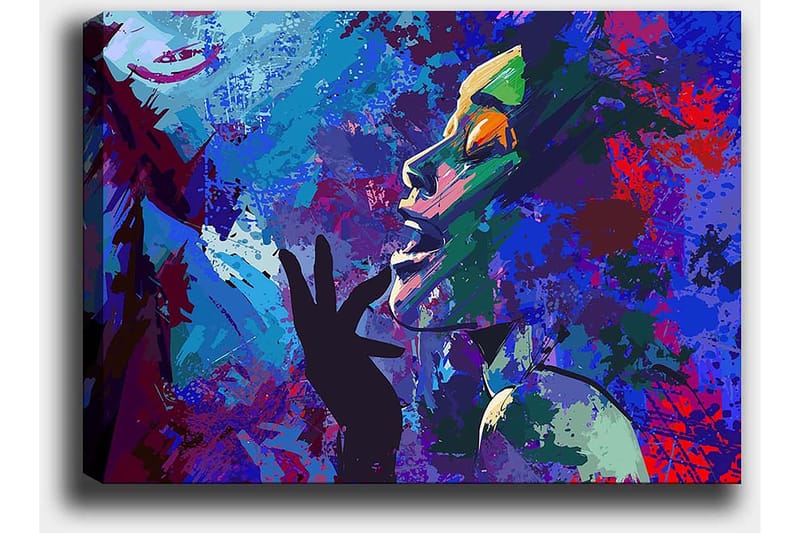 Lerretsbilde 70x100 cm - Fargerik og uttrykksfull portrettmaleri av en kvinne som gestikulerer med hånden mot ansiktet - Blå / Grønn / Lilla - Interiør - Maleri & posters - Lerretsbilder