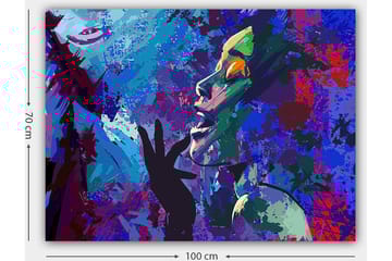 Lerretsbilde 70x100 cm - Fargerik og uttrykksfull portrettmaleri av en kvinne som gestikulerer med hånden mot ansiktet - Blå / Grønn / Lilla - Interiør - Maleri & posters - Lerretsbilder