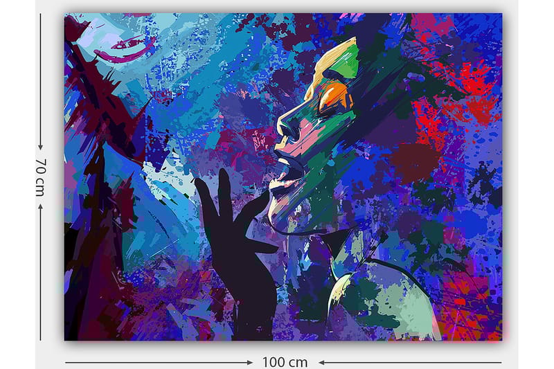 Lerretsbilde 70x100 cm - Fargerik og uttrykksfull portrettmaleri av en kvinne som gestikulerer med hånden mot ansiktet - Blå / Grønn / Lilla - Interiør - Maleri & posters - Lerretsbilder