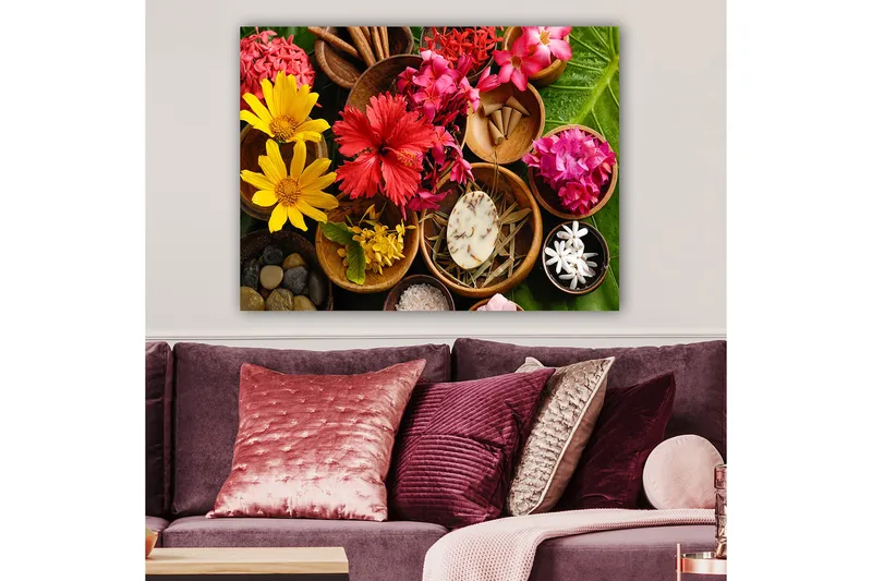 Lerretsbilde 70x100 cm - Fargerik samling av blomster og naturelementer i skåler - Rød / Gul / Rosa - Interiør - Maleri & posters - Lerretsbilder