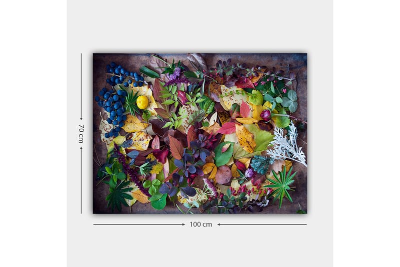 Lerretsbilde 70x100 cm - Fargerik samling av høstblader og bær - Grønn / Rød / Gul - Interiør - Maleri & posters - Lerretsbilder