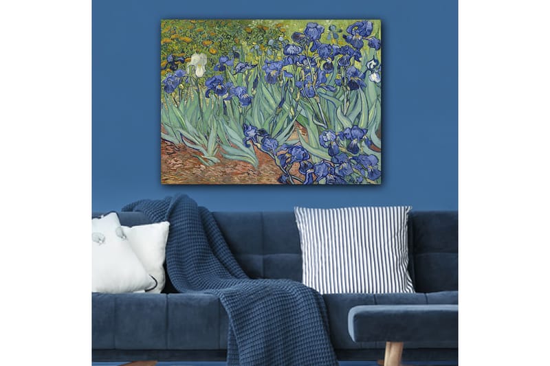 Lerretsbilde 70x100 cm - Fargerik samling av irisblomster i forskjellige blånyanser - Blå / Grønn / Hvit - Interiør - Maleri & posters - Lerretsbilder