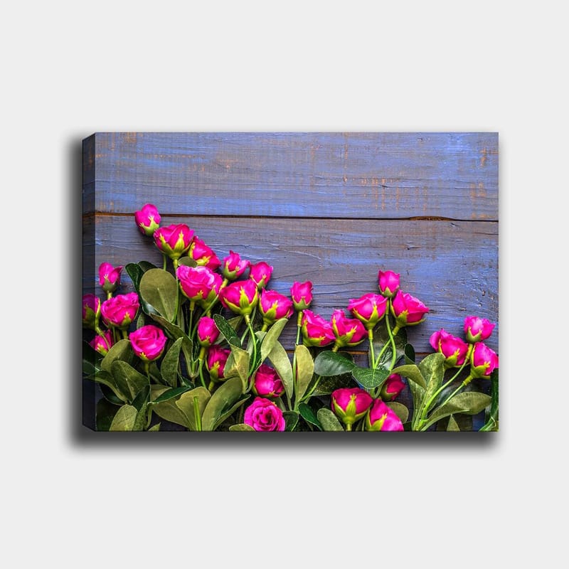 Lerretsbilde 70x100 cm - Fargerik samling av rosa roser mot en blå trebakgrunn, Rosa / Grønn / Blå