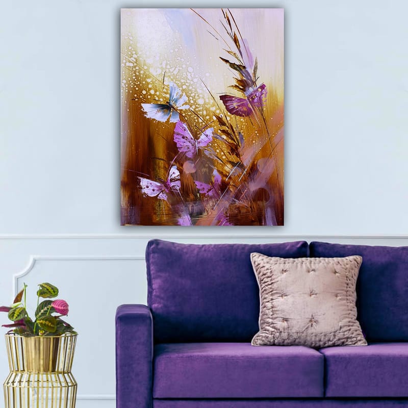 Lerretsbilde 70x100 cm - Fargerik samling av sommerfugler i et naturlig miljø - Lilla / Blå / Gyllenbrun - Interiør - Maleri & posters - Lerretsbilder