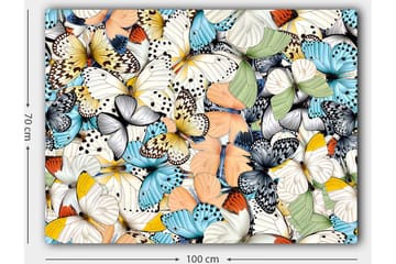 Lerretsbilde 70x100 cm - Fargerik samling av sommerfugler i forskjellige mønstre og farger - Blå / Hvit / Oransje - Interiør - Maleri & posters - Lerretsbilder