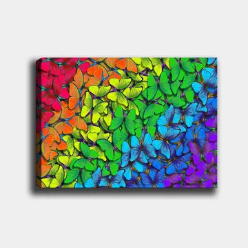 Lerretsbilde 70x100 cm - Fargerik samling av sommerfugler i forskjellige nyanser som skaper en levende og harmonisk komposisjon - Grønn / Blå / Oransje - Interiør - Maleri & posters - Lerretsbilder