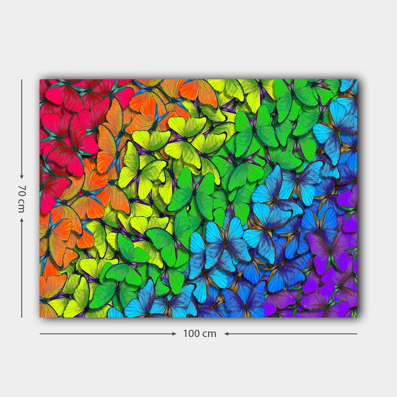 Lerretsbilde 70x100 cm - Fargerik samling av sommerfugler i forskjellige nyanser som skaper en levende og harmonisk komposisjon - Grønn / Blå / Oransje - Interiør - Maleri & posters - Lerretsbilder