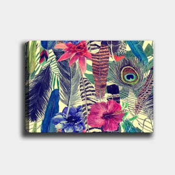 Lerretsbilde 70x100 cm - Fargerik samling av tropiske blomster og fjær - Grønn / Rosa / Blå - Interiør - Maleri & posters - Lerretsbilder