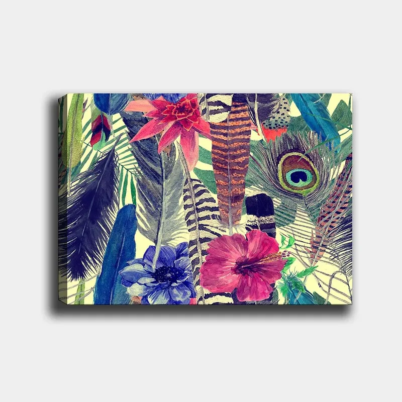 Lerretsbilde 70x100 cm - Fargerik samling av tropiske blomster og fjær, Grønn / Rosa / Blå
