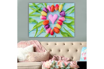 Lerretsbilde 70x100 cm - Fargerik samling av tulipaner formet som et hjerte med rosa ornament i midten - Rosa / Lilla / Oransje - Interiør - Maleri & posters - Lerretsbilder