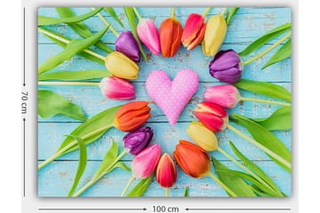 Lerretsbilde 70x100 cm - Fargerik samling av tulipaner formet som et hjerte med rosa ornament i midten - Rosa / Lilla / Oransje - Interiør - Maleri & posters - Lerretsbilder