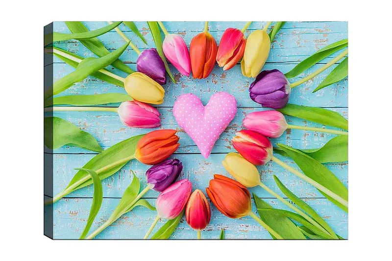 Lerretsbilde 70x100 cm - Fargerik samling av tulipaner formet som et hjerte med rosa ornament i midten, Rosa / Lilla / Oransje