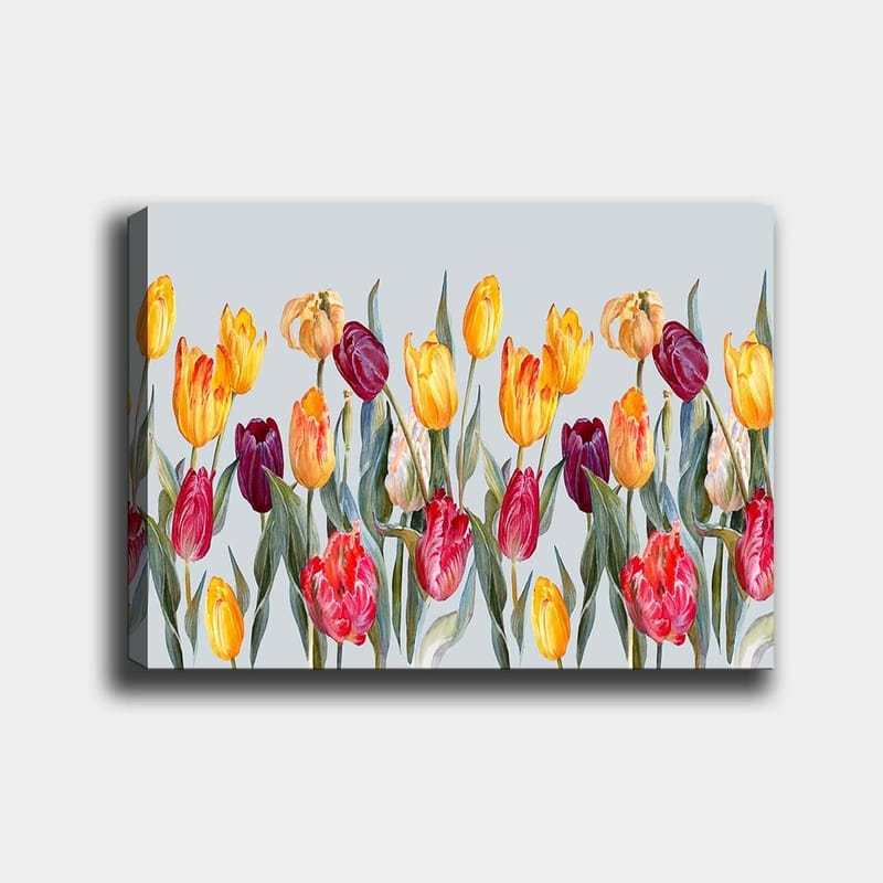Lerretsbilde 70x100 cm - Fargerik samling av tulipaner i forskjellige nyanser, Gul / Rød / Lilla