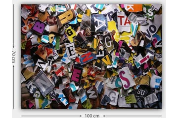 Lerretsbilde 70x100 cm - Fargerik samling av utskårne bokstaver og ord i forskjellige fonter og størrelser - Gul / Rød / Blå - Interiør - Maleri & posters - Lerretsbilder