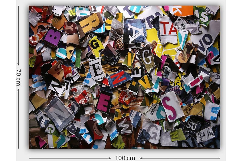 Lerretsbilde 70x100 cm - Fargerik samling av utskårne bokstaver og ord i forskjellige fonter og størrelser - Gul / Rød / Blå - Interiør - Maleri & posters - Lerretsbilder