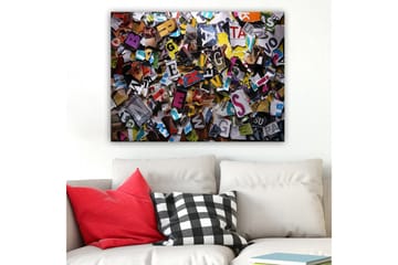 Lerretsbilde 70x100 cm - Fargerik samling av utskårne bokstaver og ord i forskjellige fonter og størrelser - Gul / Rød / Blå - Interiør - Maleri & posters - Lerretsbilder