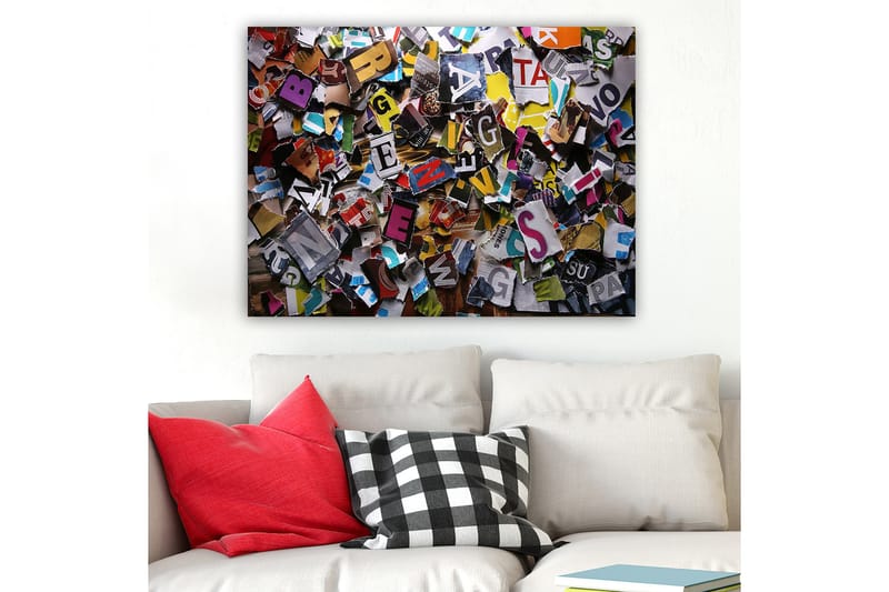 Lerretsbilde 70x100 cm - Fargerik samling av utskårne bokstaver og ord i forskjellige fonter og størrelser - Gul / Rød / Blå - Interiør - Maleri & posters - Lerretsbilder