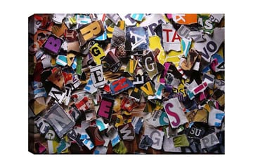 Lerretsbilde 70x100 cm - Fargerik samling av utskårne bokstaver og ord i forskjellige fonter og størrelser - Gul / Rød / Blå - Interiør - Maleri & posters - Lerretsbilder