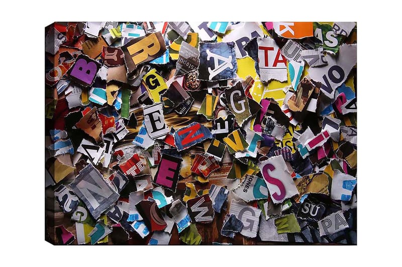 Lerretsbilde 70x100 cm - Fargerik samling av utskårne bokstaver og ord i forskjellige fonter og størrelser, Gul / Rød / Blå