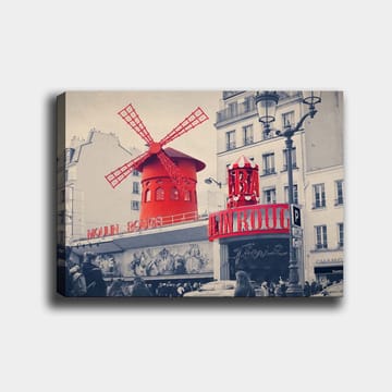 Lerretsbilde 70x100 cm - Fargerik skildring av Moulin Rouge med den karakteristiske røde vindmøllen - Rød / Svart / Grå - Interiør - Maleri & posters - Lerretsbilder
