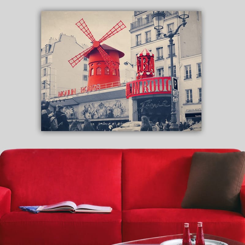 Lerretsbilde 70x100 cm - Fargerik skildring av Moulin Rouge med den karakteristiske røde vindmøllen - Rød / Svart / Grå - Interiør - Maleri & posters - Lerretsbilder