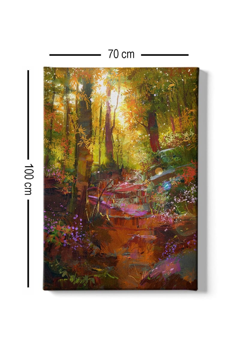 Lerretsbilde 70x100 cm - Fargerik skogscene med en svingete sti og blomster som blomstrer i lyset - Grønn / Oransje / Lilla - Interiør - Maleri & posters - Lerretsbilder
